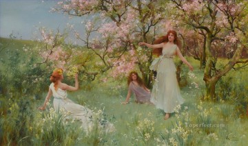 Los primeros días de primavera Alfred Glendening JR flores jardín niñas Pinturas al óleo